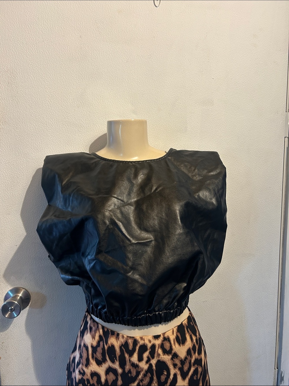 Black Faux Leather Cropped Top with Elastic Hem